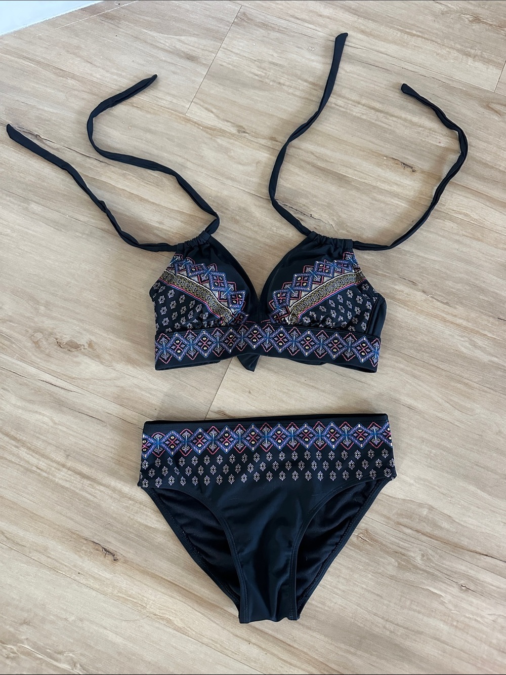 High-waisted Black Halter Bikini with Blue and Purple Geometric Trim